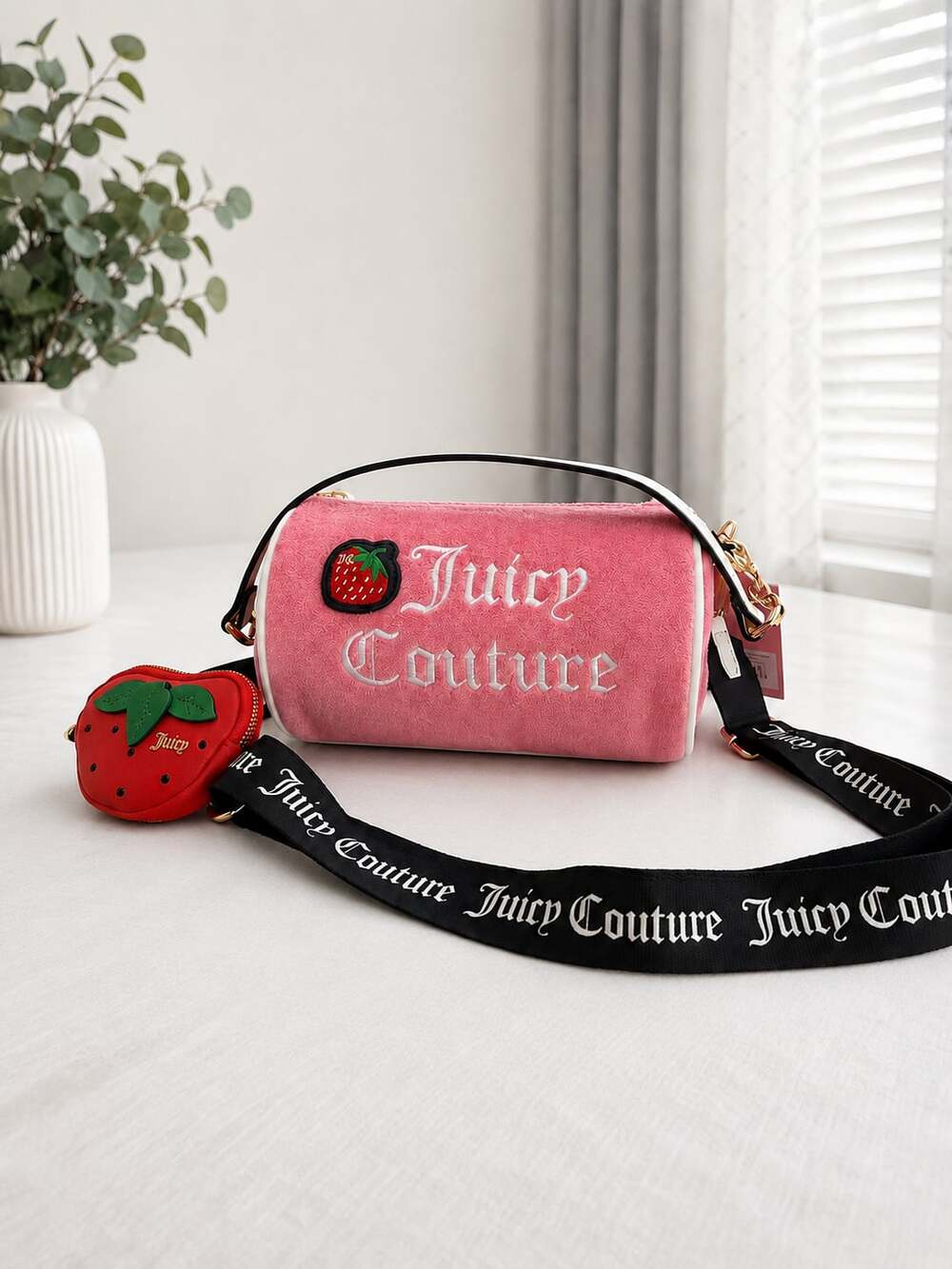 Juicy Couture Pink Velour Barrel Crossbody Bag with Strawberry Coin Purse